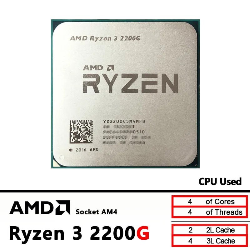 Processador AMD Ryzen 3 2200G com marcações de modelo e especificações técnicas gravadas na tampa metálica superior