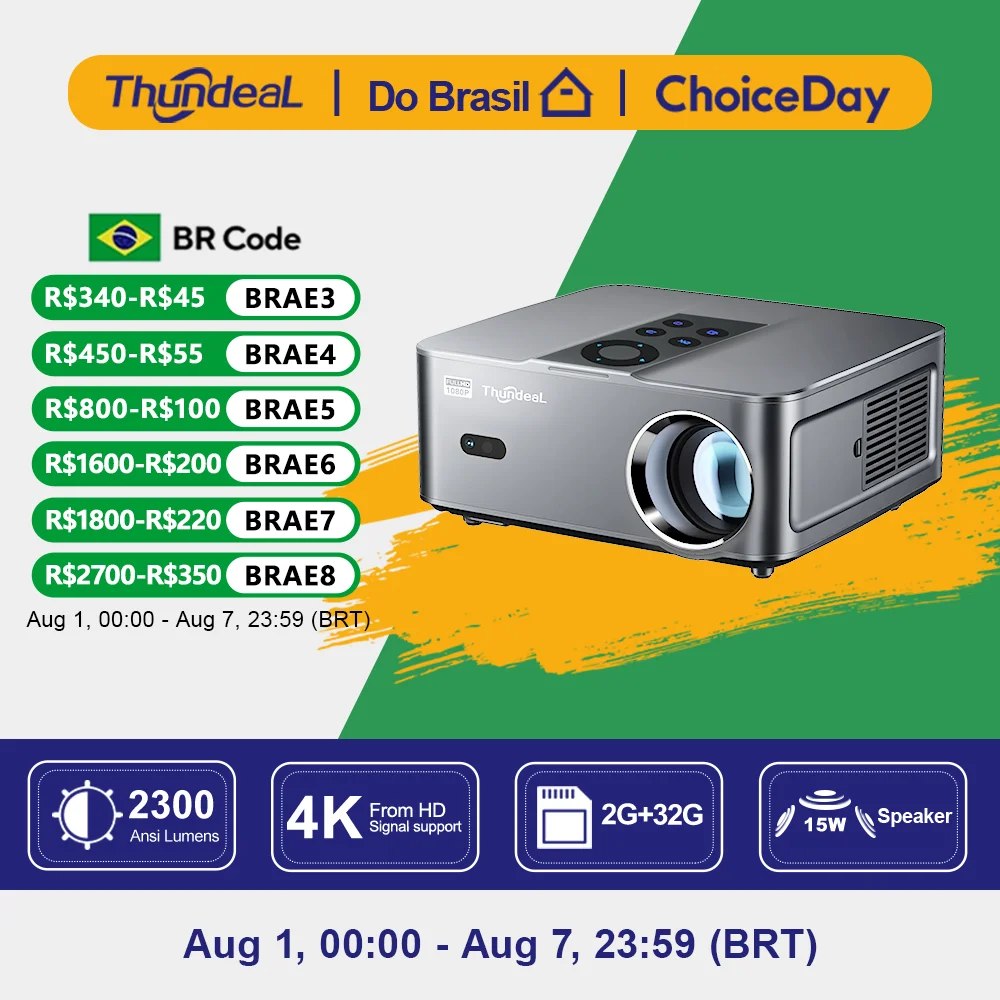 Projetor ThundeaL TD98W cinza com lente frontal, botões de controle no topo e infográfico de cupons de desconto e especificações técnicas ao lado