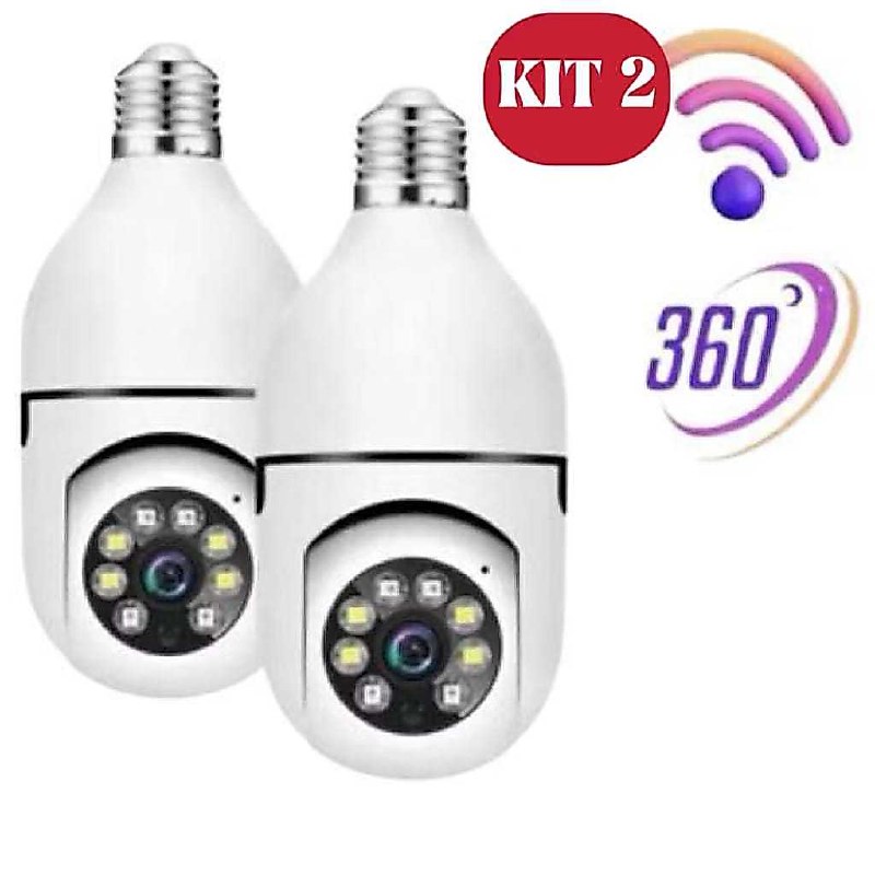 Kit com duas câmeras de segurança brancas em formato de lâmpada com visão 360 graus e ícones de Wi-Fi e rotação