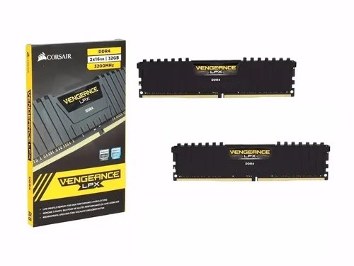 Kit de memória RAM Corsair Vengeance LPX DDR4 com dois módulos de 16GB cada, totalizando 32GB, ao lado de sua embalagem original.