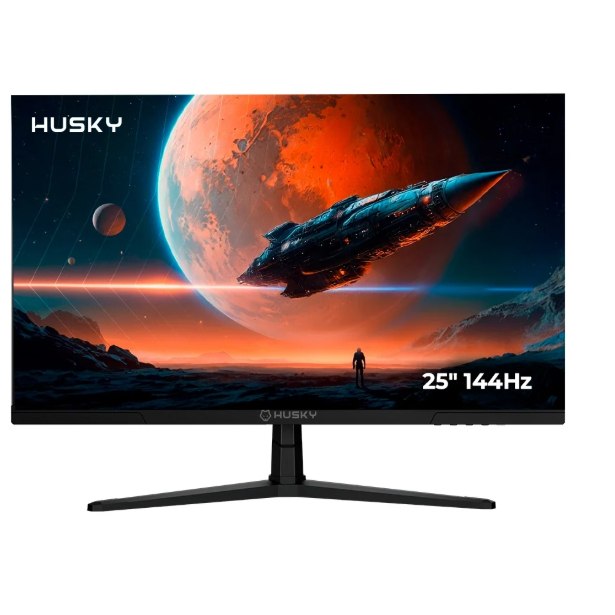 Monitor Gamer Husky Boreal de 25 polegadas com tela exibindo imagem espacial e suporte de base preta