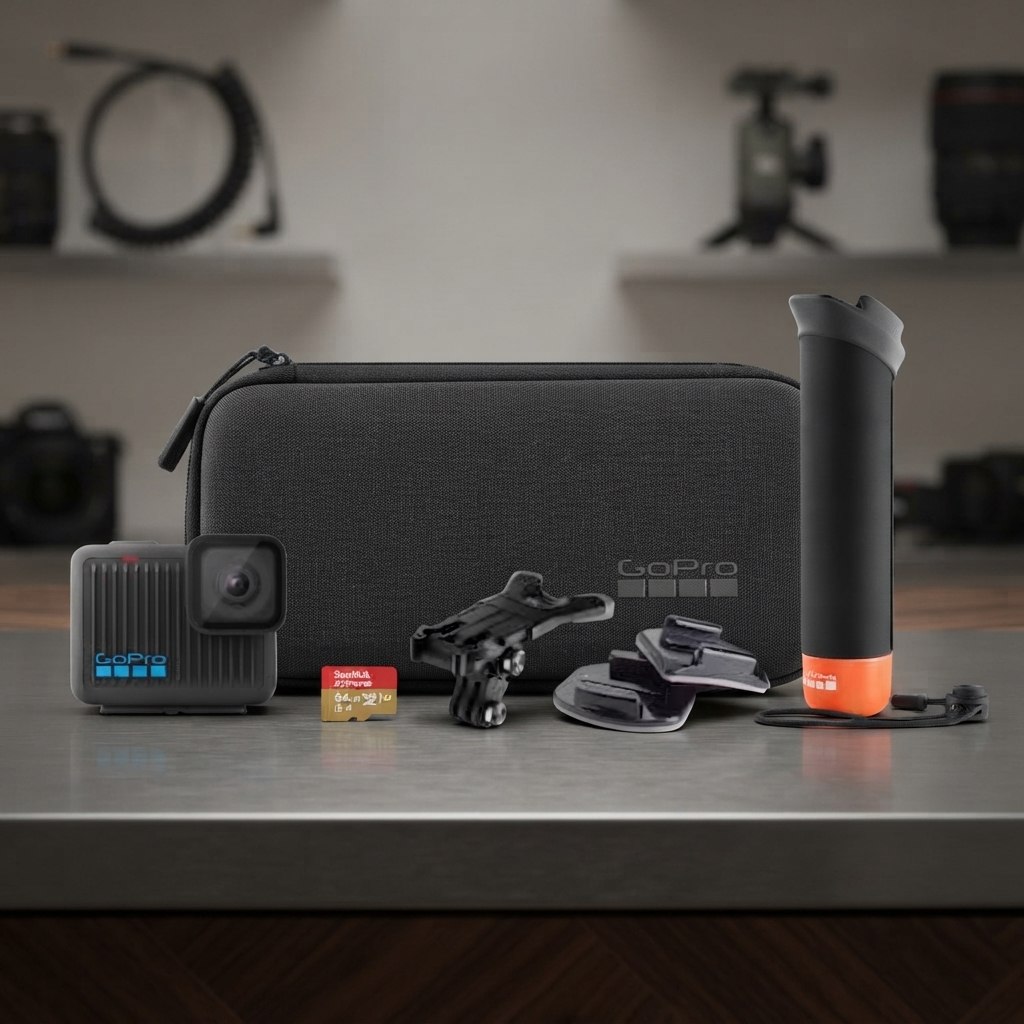 Kit GoPro Hero Bundle contendo câmera de ação, cartão de memória, suporte de montagem, base adesiva e bastão de mão, tudo organizado em um estojo de transporte.