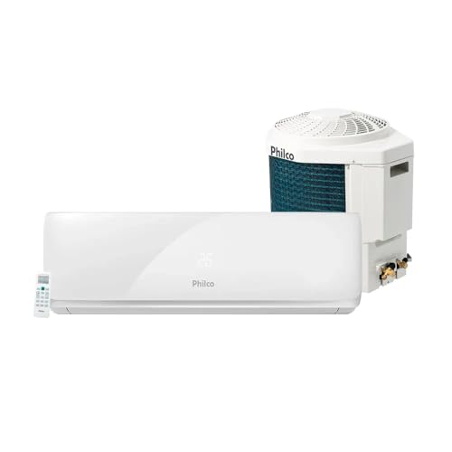 Conjunto de ar condicionado split Philco 12000 BTU/h contendo unidade interna branca, unidade externa e controle remoto