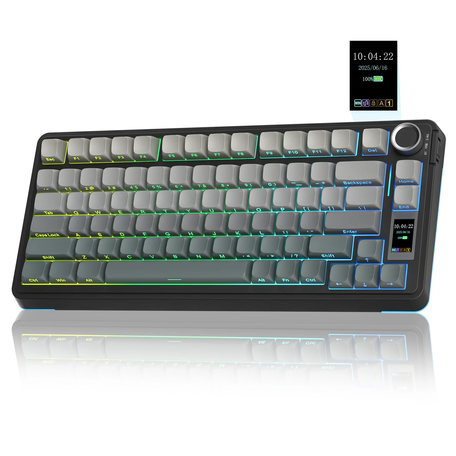 Teclado mecânico AULA S75Pro na cor preta com teclas cinzas, iluminação RGB, tela LCD lateral e botão giratório superior, exibindo data e hora