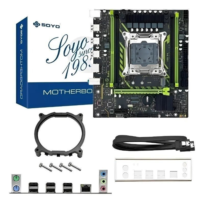Kit contendo placa-mãe Soyo X99 D4, processador Xeon E5 2630 V4, suporte de cooler, cabos e espelho traseiro, exibidos ao lado da caixa original da placa.