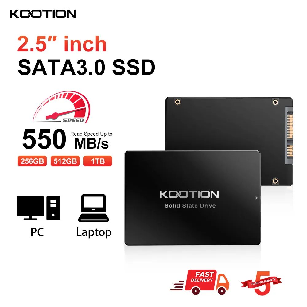 SSD SATA 3 da marca KOOTION de 2.5 polegadas exibindo o logo da marca, velocidade de 550 MB/s e ícones de compatibilidade com PC e laptop