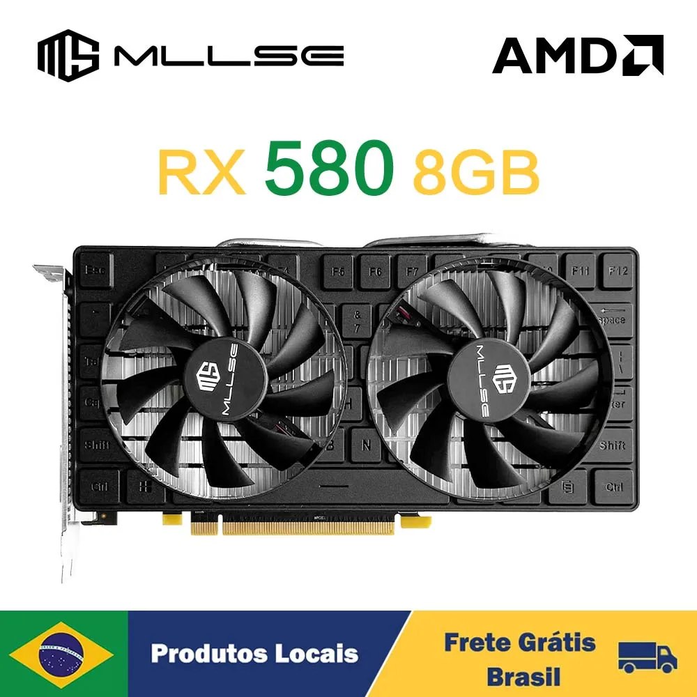 Placa de vídeo MLLSE AMD Radeon RX 580 8GB com sistema de ventoinha dupla, vista frontal sobre fundo branco