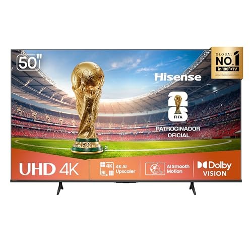 Smart TV Hisense 50 polegadas 4K UHD modelo 50A6NV exibindo a taça da Copa do Mundo FIFA em um estádio de futebol