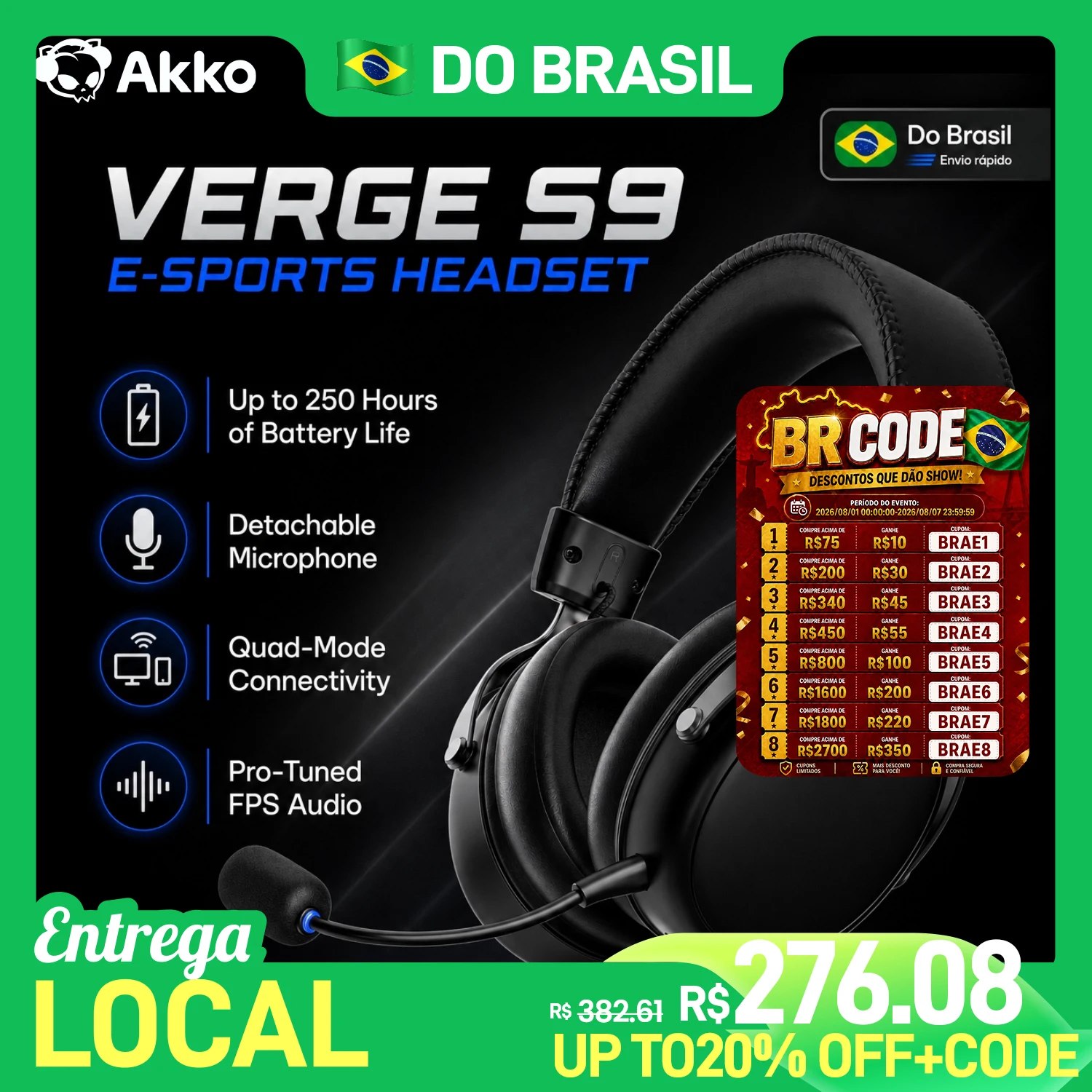 Headset gamer Akko Verge S9 na cor preta com microfone destacável, exibindo ícones de especificações técnicas e uma tabela de descontos BR Code ao lado.