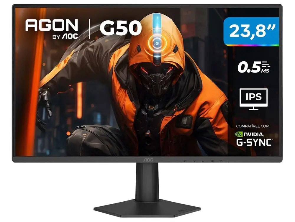 Monitor gamer AOC Agon G50 de 23,8 polegadas com tela exibindo um personagem de jogo, bordas finas e base preta.
