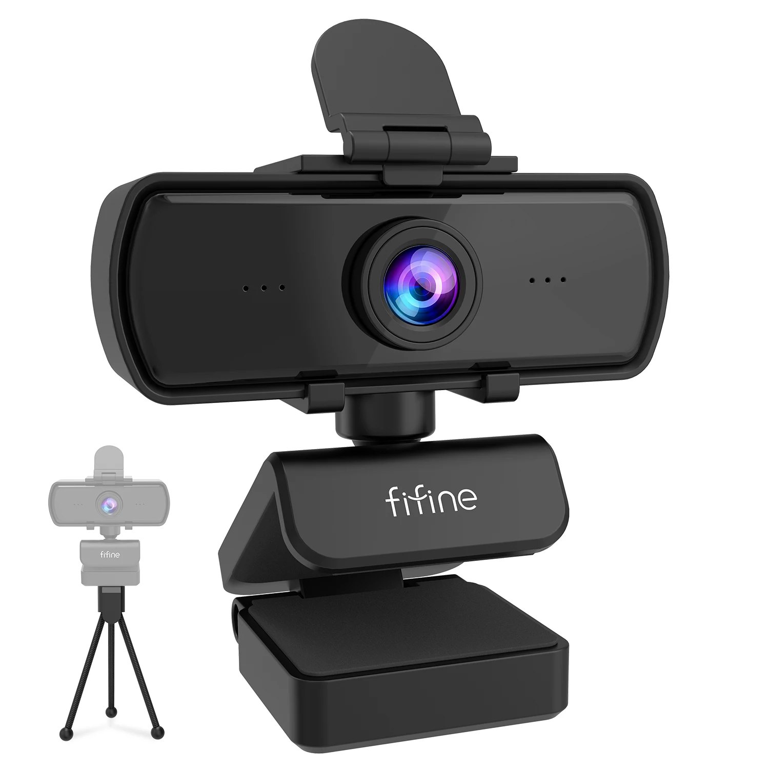 Webcam Fifine K420 2K na cor preta com tampa de privacidade aberta, montada sobre um tripé de mesa compacto
