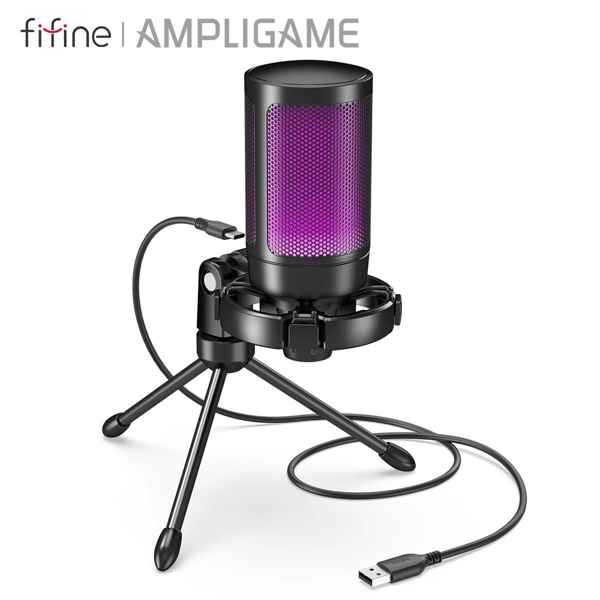 Microfone Condensador FIFINE AmpliGame A2 RGB USB com Tripe