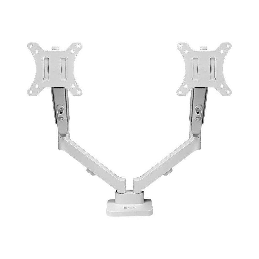 Suporte articulado de mesa na cor branca para dois monitores com braços equipados com pistão a gás