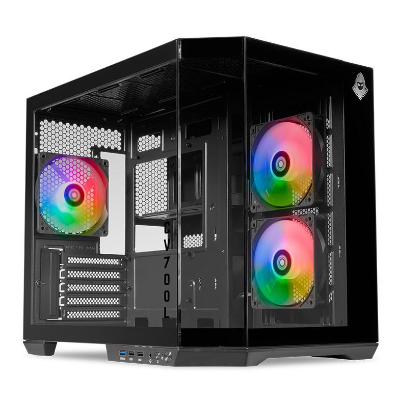 Gabinete Gamer Mancer CV700L Mid Tower na cor preta com lateral de vidro e três ventoinhas ARGB visíveis