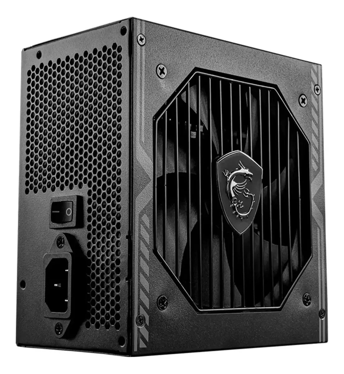 Fonte de alimentação MSI MAG A650BNL de 650W na cor preta, exibindo a grade do ventilador com o logotipo da marca e a chave seletora de voltagem na lateral.