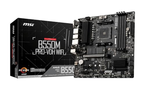 Placa-mãe MSI B550M PRO-VDH WIFI ao lado de sua caixa original, exibindo o formato mATX, dissipadores de calor e slots de memória.
