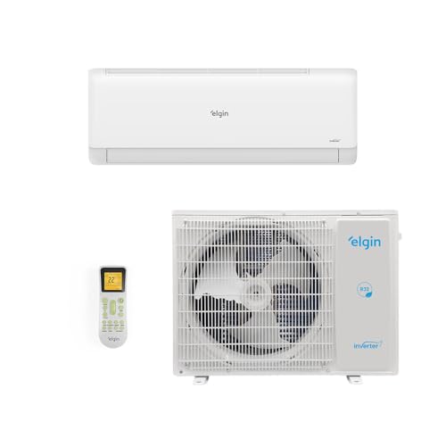 Conjunto de ar-condicionado Split Inverter Elgin Eco com unidade interna branca, unidade externa e controle remoto
