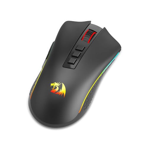 Mouse gamer Redragon Cobra Pro M711-PRO na cor preta com iluminação RGB no scroll e logo, visto de cima em fundo branco