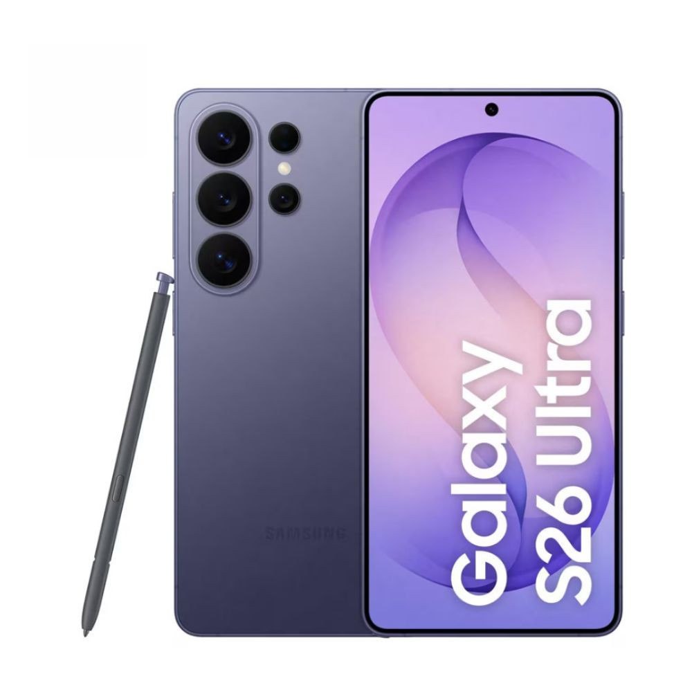 Dois smartphones Samsung Galaxy S26 Ultra na cor roxa, posicionados lado a lado, acompanhados por uma caneta S Pen ao lado esquerdo.