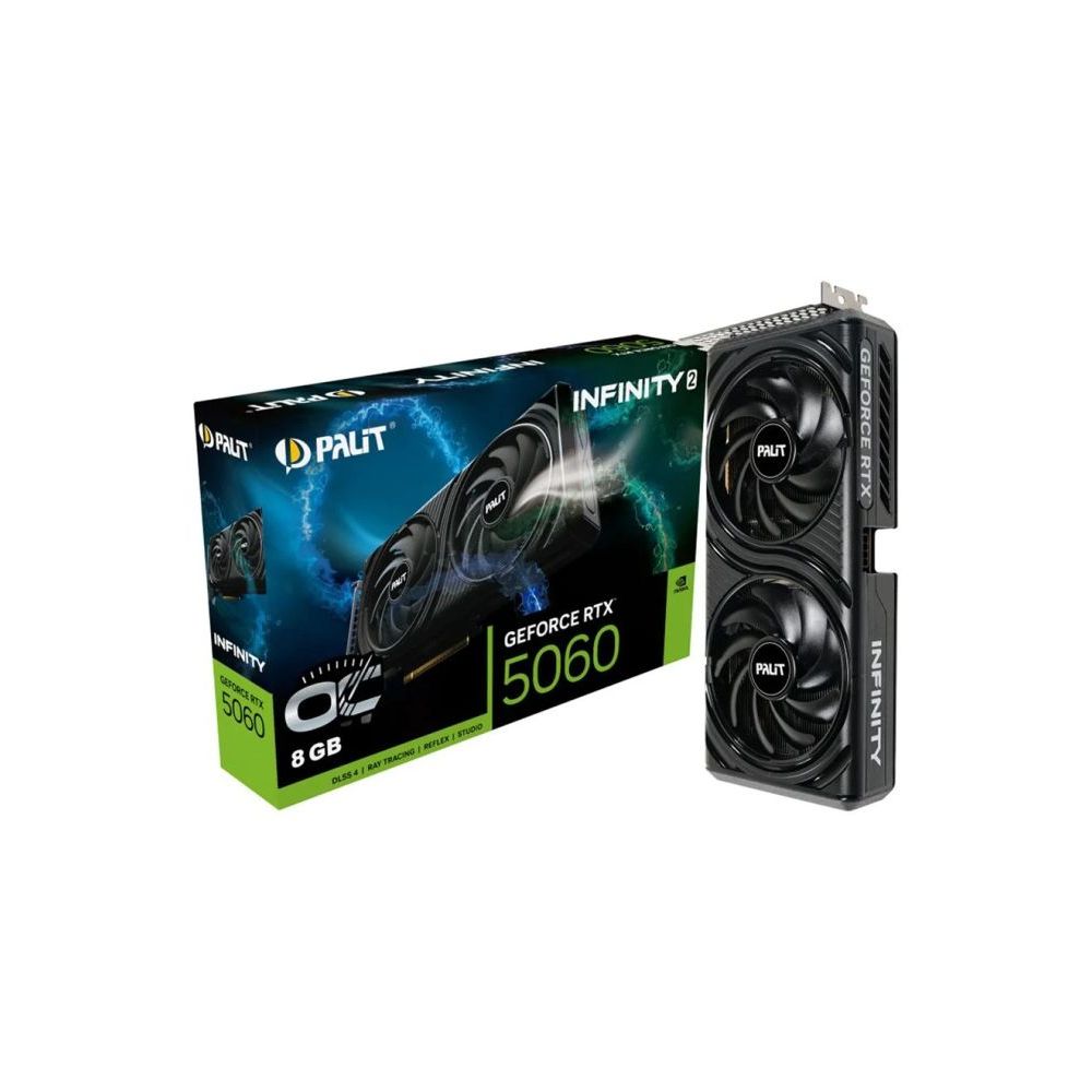 Placa de vídeo Palit Nvidia GeForce RTX 5060 8GB Infinity 2 OC ao lado de sua caixa original com design gamer.