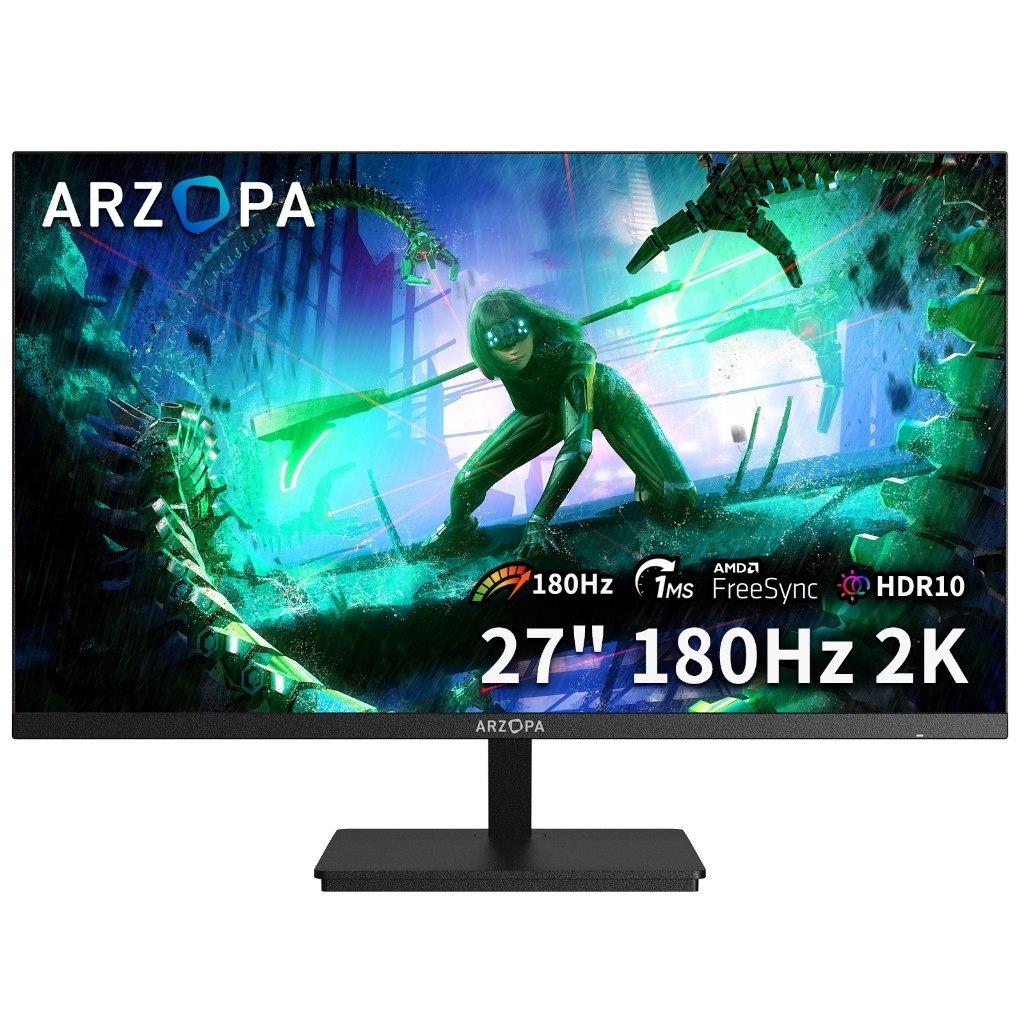 Monitor gamer Arzopa de 27 polegadas com tela exibindo arte de jogo, destacando especificações de 180Hz, 1ms, AMD FreeSync e HDR10