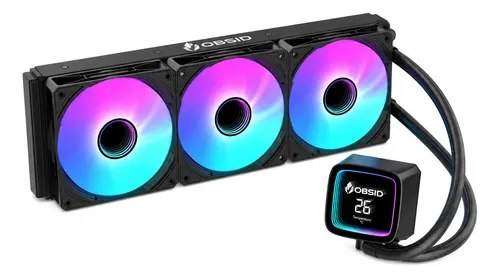 Water Cooler Obsid Pro 360 com radiador triplo, ventoinhas com iluminação ARGB e bloco de bomba com display LCD exibindo a temperatura
