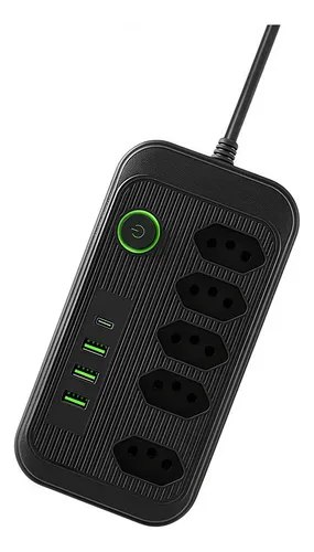 Extensão Elétrica com 5 Tomadas, 3 USB e 1 PD Bivolt Preta