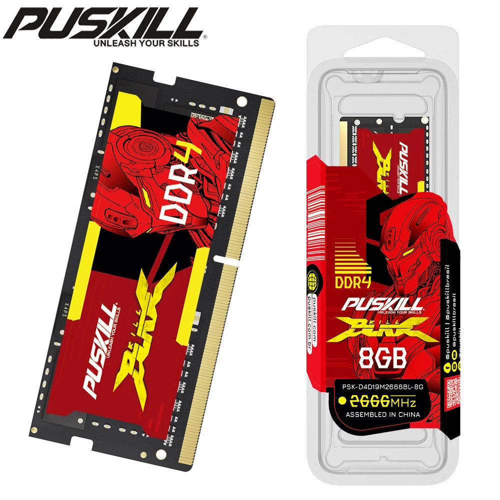 Módulo de memória RAM Puskill DDR4 8GB 2666MHz para notebook, exibindo o pente de memória com arte temática vermelha e sua embalagem blister transparente.