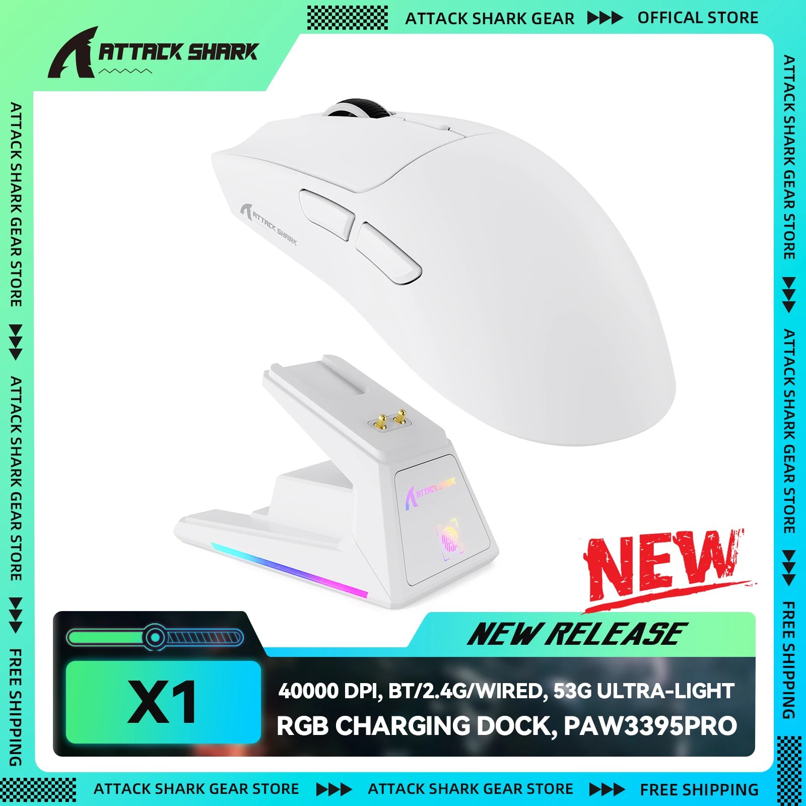 Mouse gamer branco Attack Shark PAW3395PRO ao lado de sua base de carregamento RGB branca