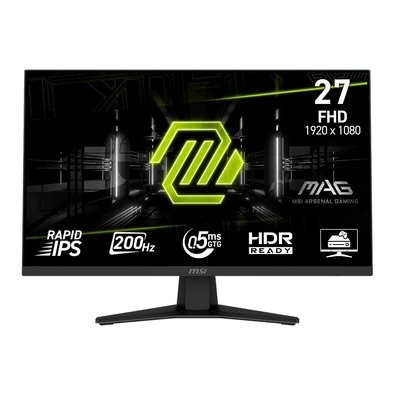 Monitor Gamer MSI MAG de 27 polegadas com tela preta exibindo logo da marca e especificações técnicas como 200Hz e 0.5ms