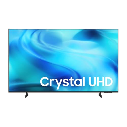 Smart TV Samsung de 70 polegadas com tela Crystal UHD 4K exibindo fundo azul abstrato e logo da linha