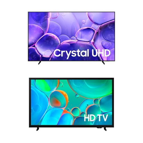 Combo contendo uma Smart TV Samsung 85 polegadas Crystal UHD 4K na parte superior e uma Smart TV Samsung 32 polegadas HD na parte inferior, ambas com telas exibindo imagens coloridas de bolhas.