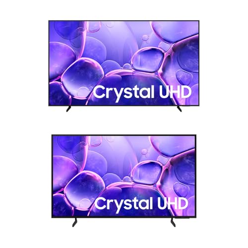 Duas Smart TVs Samsung Crystal UHD 4K, uma de 85 polegadas e outra de 55 polegadas, exibindo fundo roxo com bolhas.