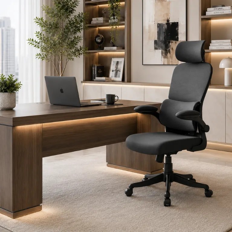 Cadeira de escritório ergonômica da marca Maat Brand na cor preta, com suporte lombar e encosto de cabeça, posicionada em um home office com mesa de madeira e estante ao fundo.
