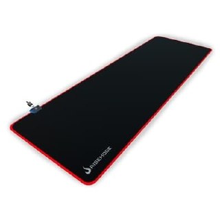 Mousepad gamer estendido Rise Mode na cor preta com bordas iluminadas em RGB e logo da marca no canto inferior