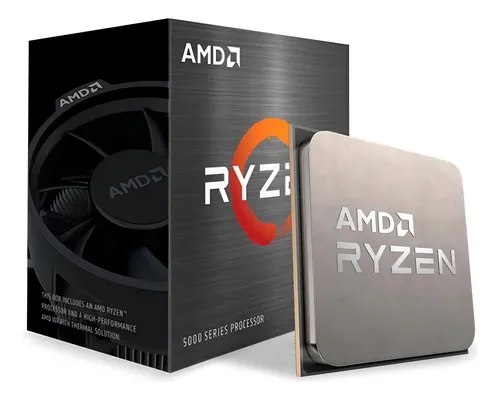 Caixa do processador AMD Ryzen 7 5700 ao lado do chip do processador exposto