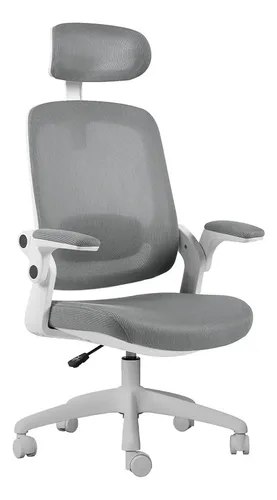 Cadeira ergonômica Elements Astra na cor cinza com estrutura branca, apoio de cabeça, braços articulados e base giratória com rodízios.