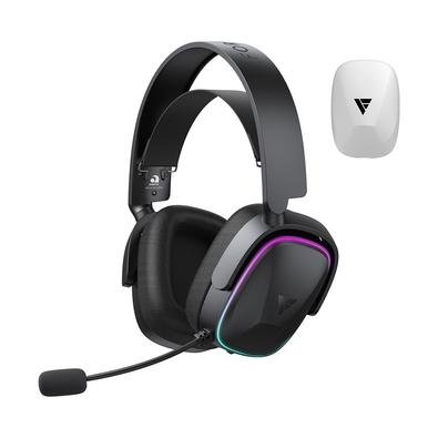 Headset gamer sem fio Force One Supersonic na cor preta com iluminação RGB nas laterais, microfone acoplado e dongle USB branco ao lado.