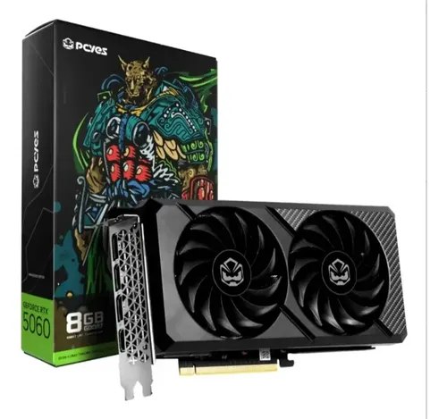 Placa de vídeo PCYES GeForce RTX 5060 de 8GB GDDR7 com sistema de ventoinha dupla ao lado de sua caixa original ilustrada