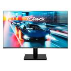Monitor gamer ASRock Challenger de 27 polegadas com tela exibindo imagem de carro esportivo em alta velocidade, suporte preto e base retangular.
