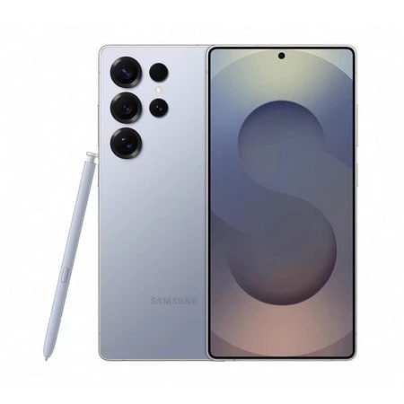 Smartphone Samsung Galaxy S25 Ultra na cor cinza claro, exibindo a tela frontal e a parte traseira com conjunto de câmeras, acompanhado da S Pen ao lado.