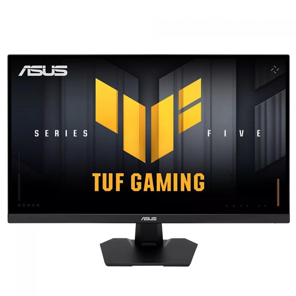 Monitor gamer Asus TUF Gaming de 27 polegadas com tela ligada exibindo o logotipo da série TUF Gaming em fundo preto e amarelo