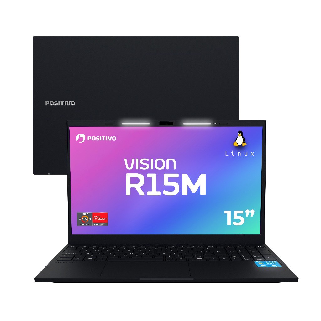 Notebook Positivo Vision R15M aberto com tela de 15 polegadas exibindo logo da Positivo e Linux, com visão traseira da tampa preta ao fundo