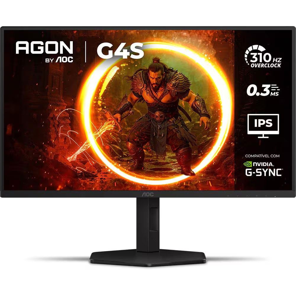 Monitor Gamer AOC 25G4S de 24,5 polegadas com tela exibindo um personagem de jogo e especificações técnicas de 310Hz, 0,3ms e G-SYNC