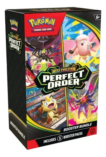 Caixa de Booster Bundle Pokémon TCG Mega Evolution Perfect Order contendo 6 pacotes de cartas com ilustrações de personagens