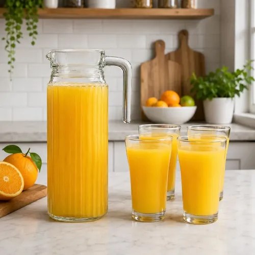 Kit contendo uma jarra de vidro de 1 litro com tampa e quatro copos de vidro cheios de suco de laranja sobre uma bancada de cozinha