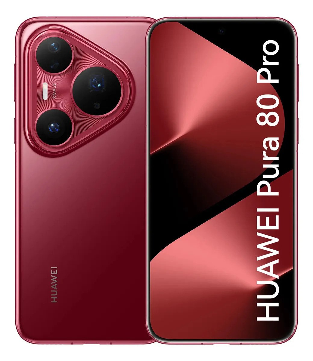 Smartphone Huawei Pura 80 Pro na cor vermelha, exibindo a parte traseira com conjunto de três câmeras e a tela frontal com o nome do modelo.