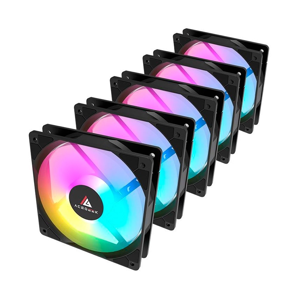 Kit com cinco ventoinhas Acegeek RW12 de 120mm na cor preta com iluminação LED Rainbow dispostas em fila diagonal