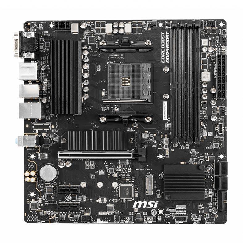 Placa-mãe MSI B550M PRO-VDH com socket AM4, slots de memória DDR4 e dissipadores de calor pretos em fundo branco