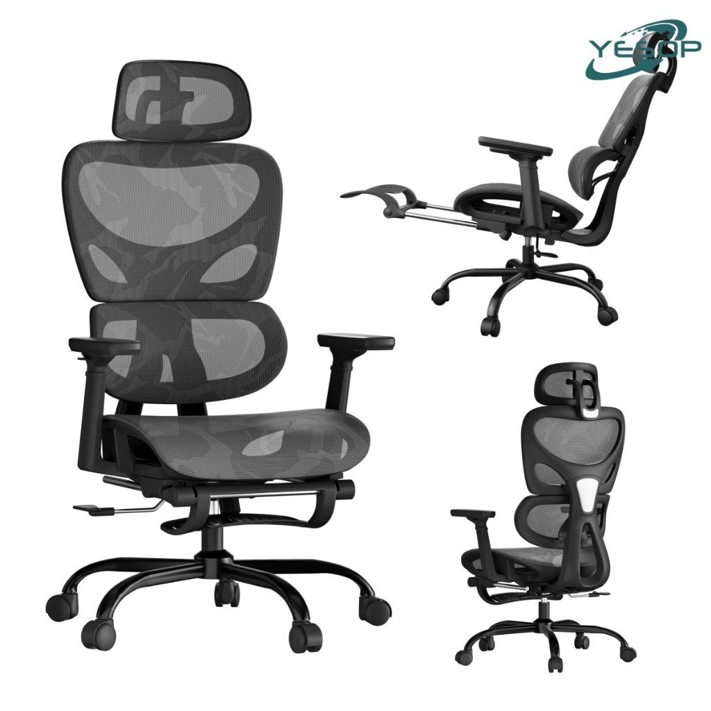 Cadeira gamer ergonômica LARUNO na cor cinza com estampa camuflada, exibindo encosto de cabeça, apoio lombar, braços ajustáveis e base com rodízios, vista de frente, de lado com apoio de pernas estendido e de costas.